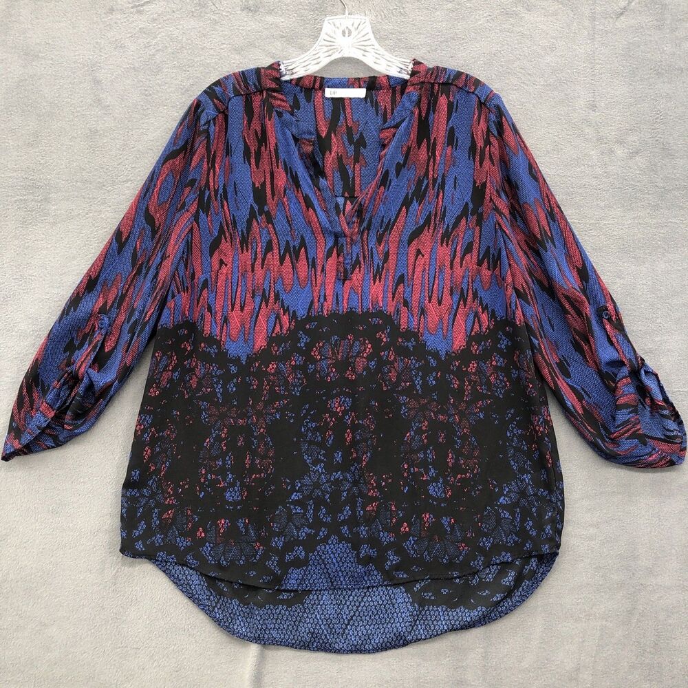 DR2 Womens Blouse V Neck Roll Tab Sleeve Red Blue Black Business Career